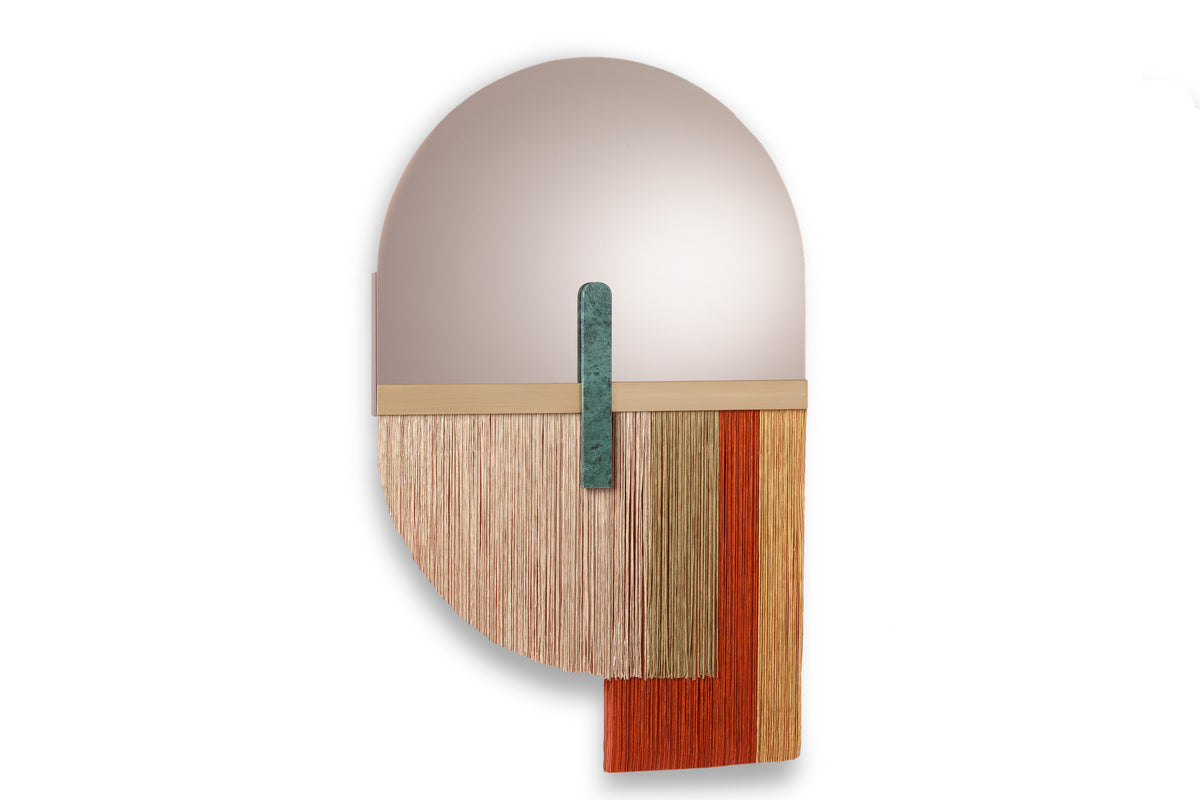 Souk Mirror Red, arched mirror with green marble accent and red and natural fringe