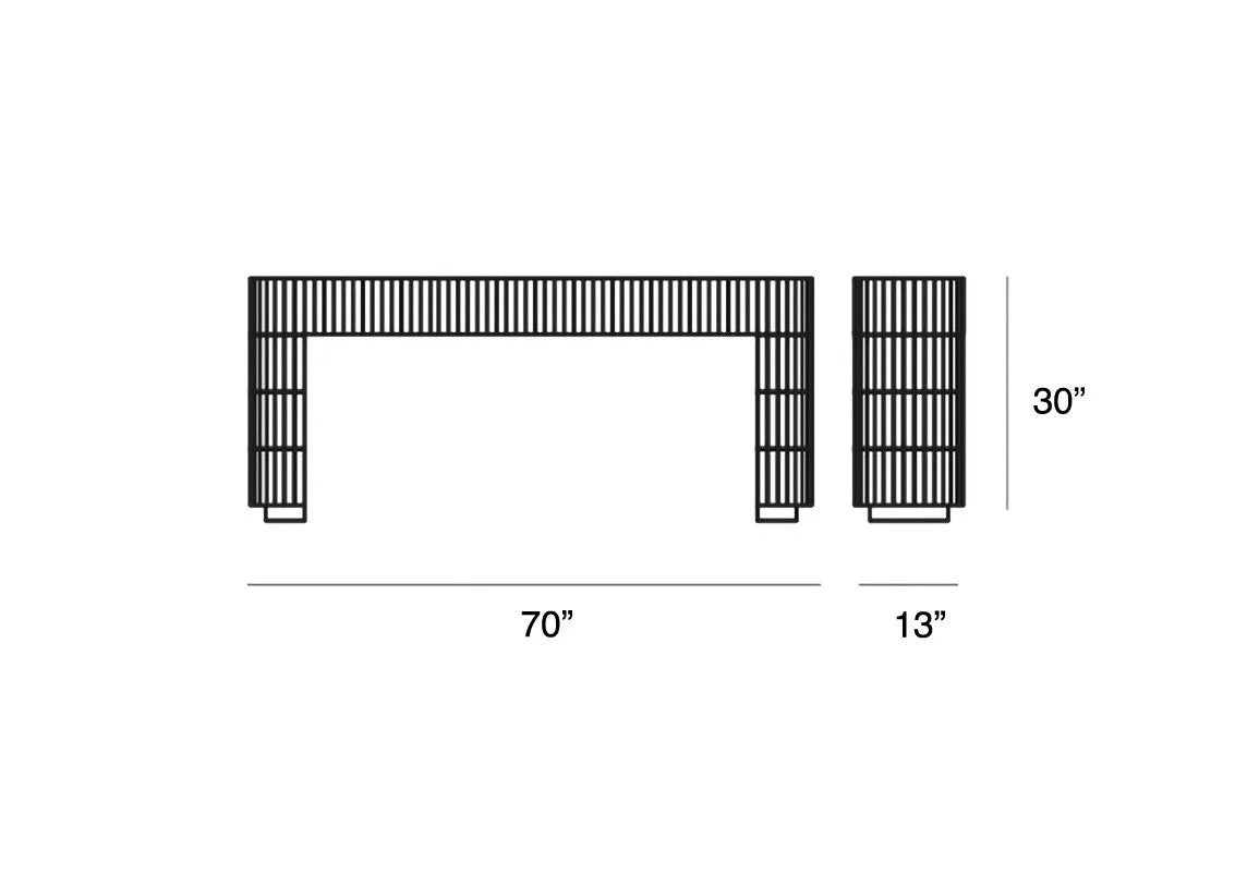 Nouvelle Vague Console Table dimension drawing: 70" wide, 13" deep, 30" high