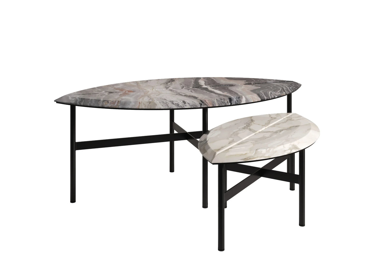 Book One & Two Coffee Table nesting pair in grey and white marble with black legs