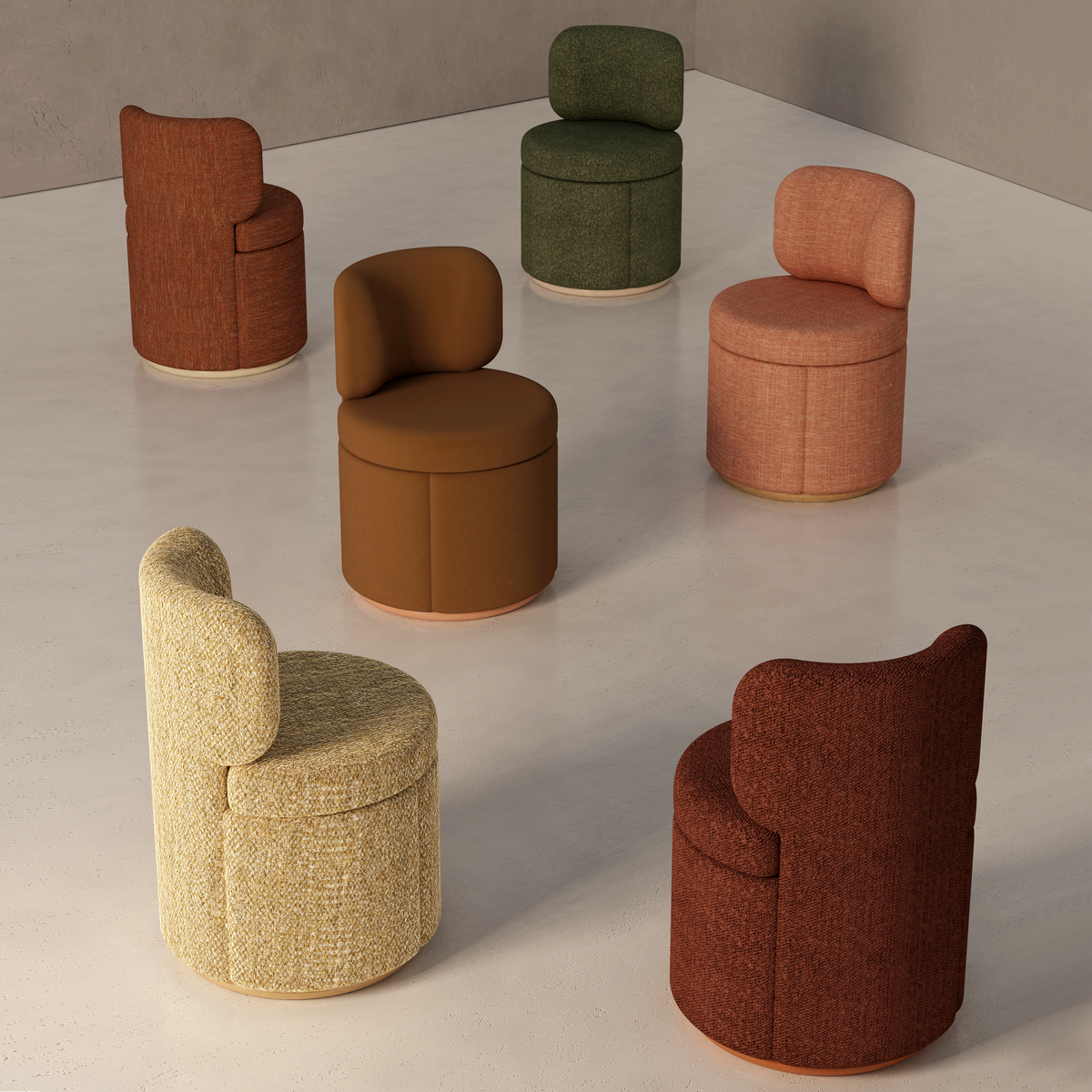 Mimi Swivel Dining Chairs in rust, olive, pink, caramel and beige fabrics