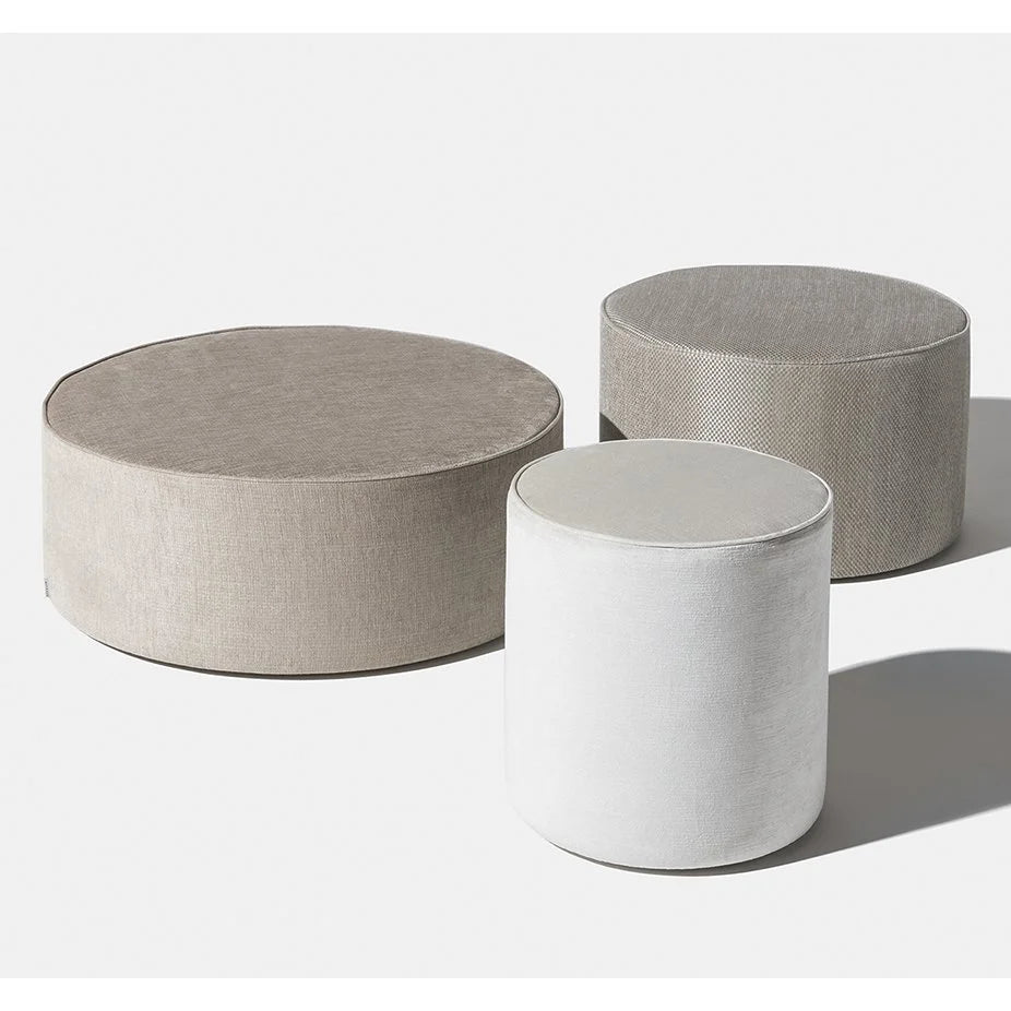 Muffin Pouf trio in taupe and white, low and tall sizes