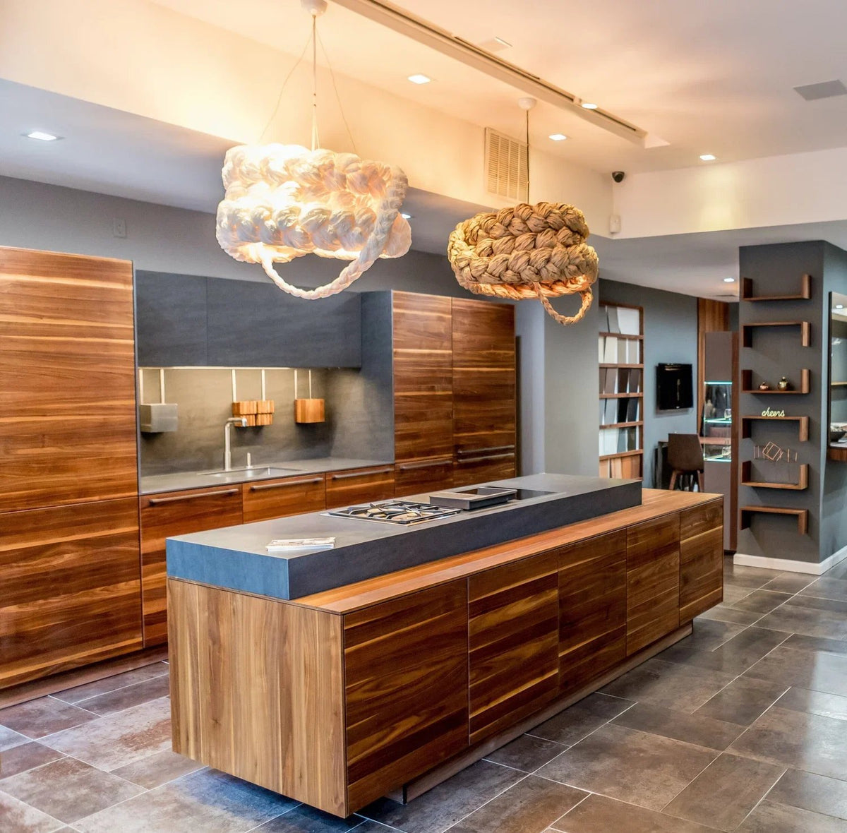 Mammalampa Bride Pendant Light White with a brown pendant above a walnut kitchen island, wide view