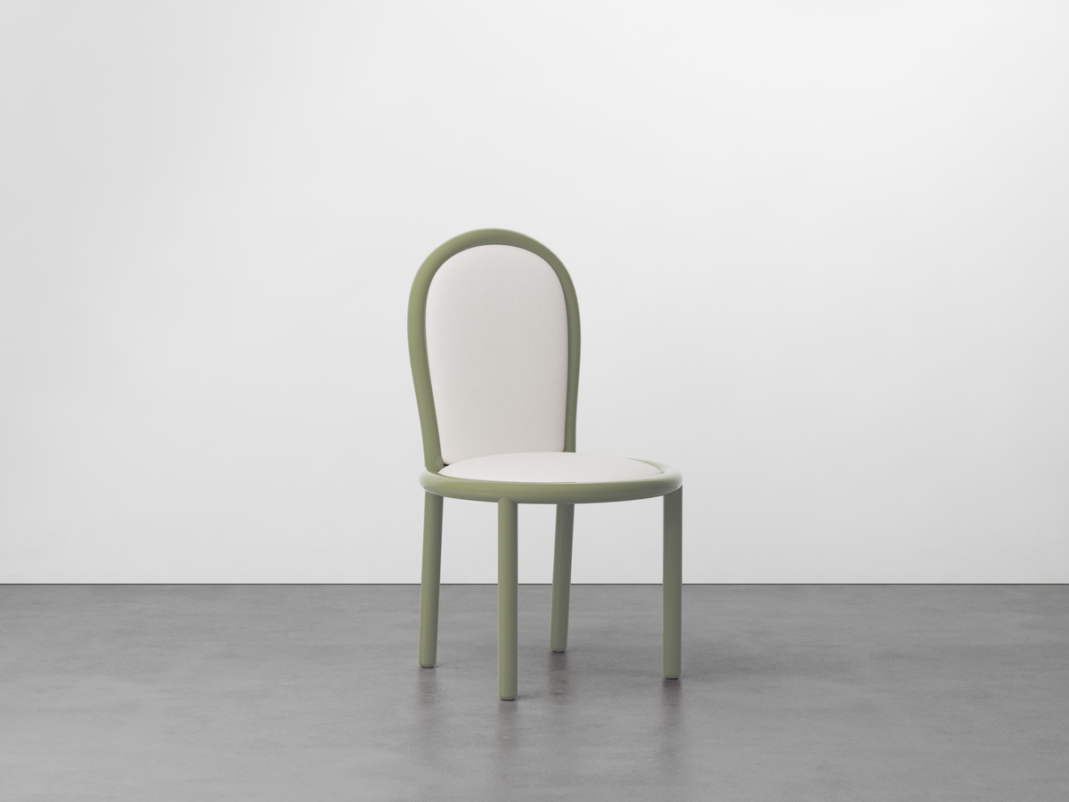 Masa Dining Chair with sage green frame and cream seat, straight-on view