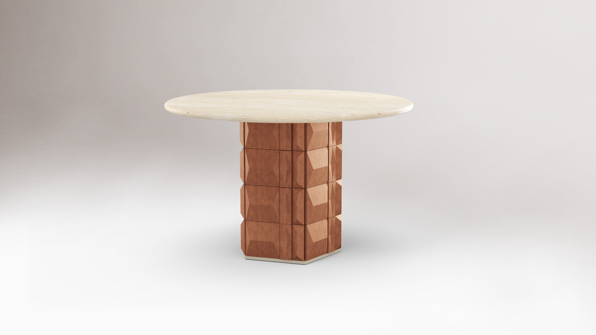 Milano Dining Table 47" with Travertine top on a soft studio backdrop