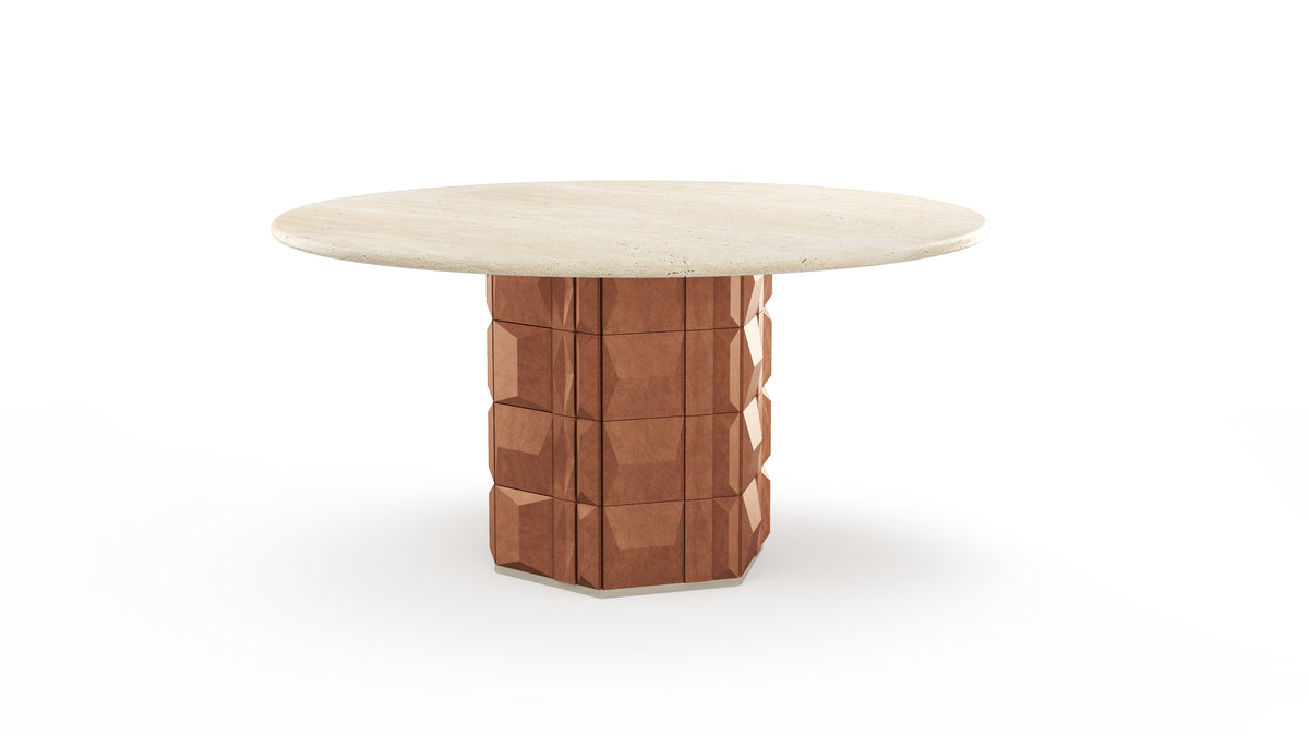 Milano Dining Table with Travertine top and copper-glazed tile base on white