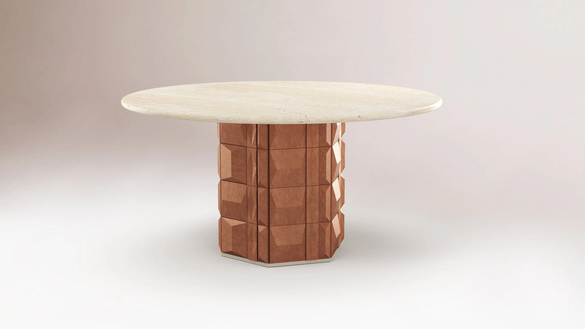 Milano Dining Table 59" with Travertine top on a soft studio backdrop