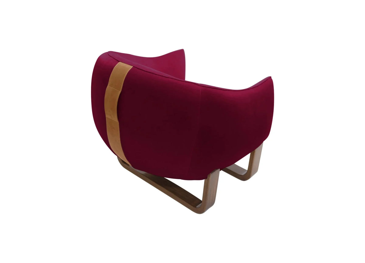 Milo Armchair back view in Cranberry Chesterfield velvet with leather handle