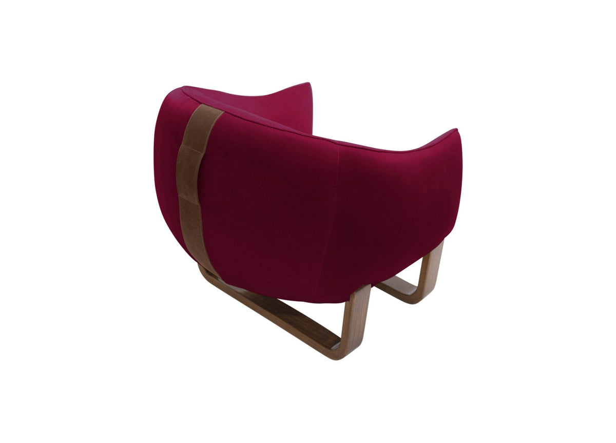Milo Armchair back view in Cranberry Crème Brûlée velvet with leather handle