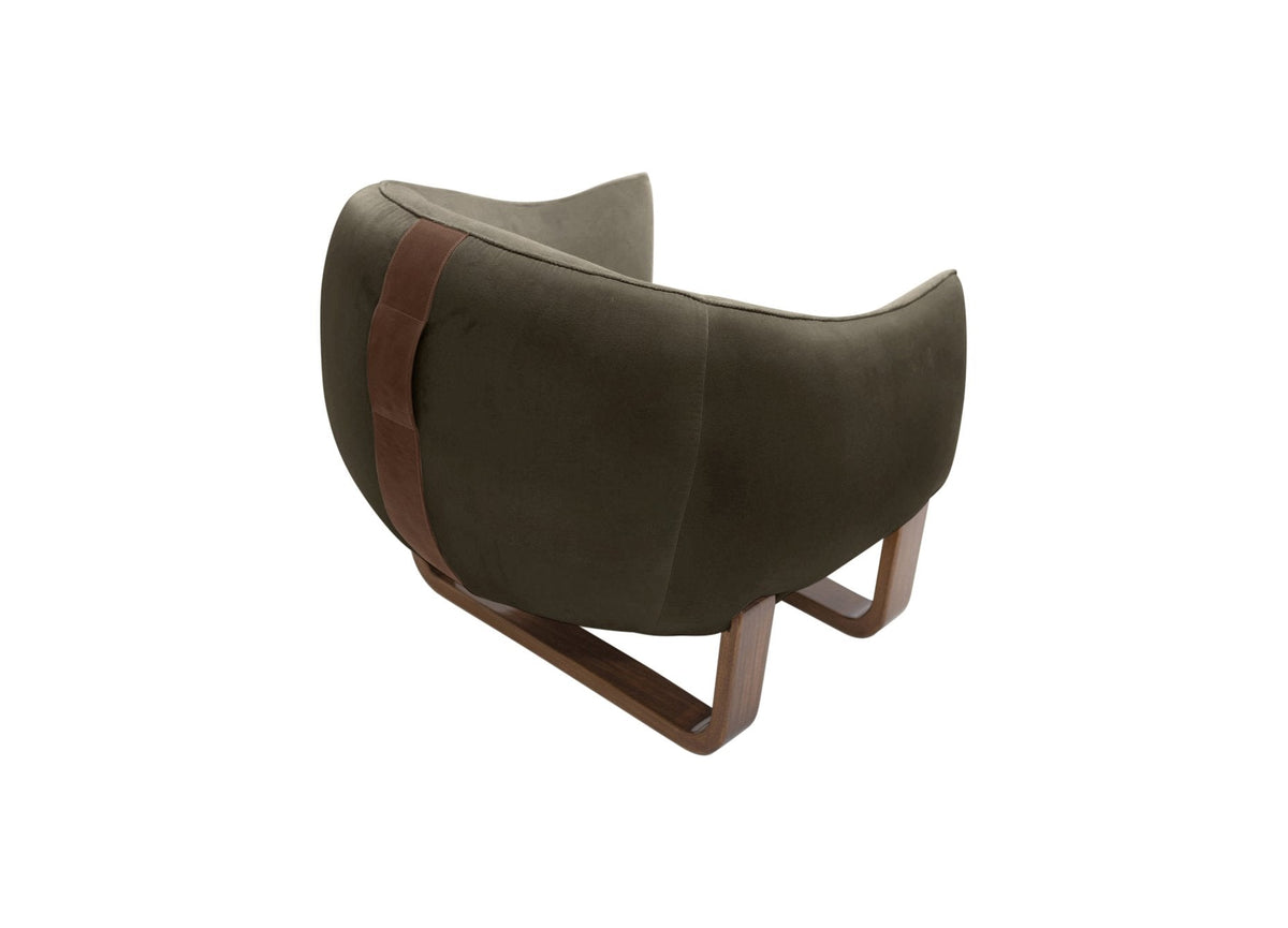 Milo Armchair back view in Earth Crème Brûlée velvet with leather handle