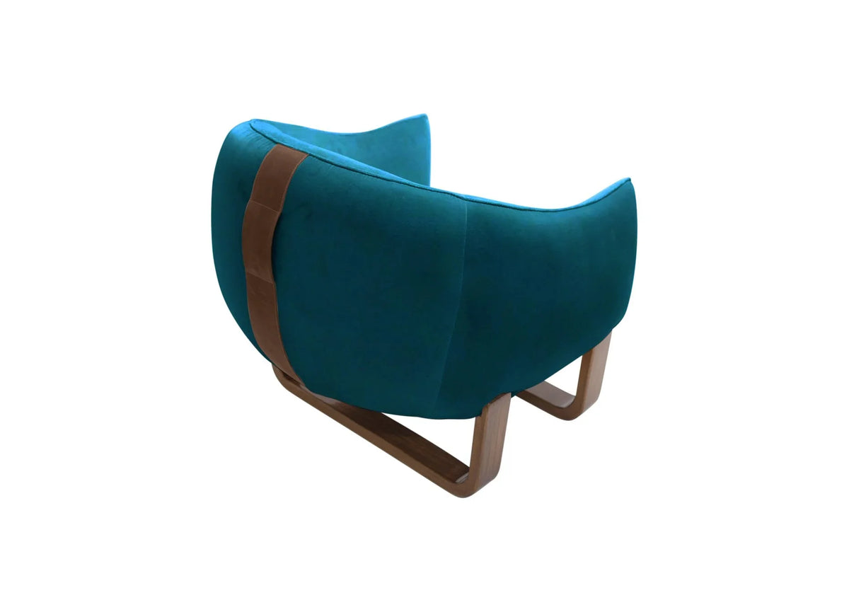 Milo Armchair back view in Ming Crème Brûlée velvet with leather handle