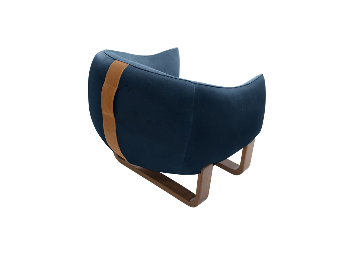 Milo Armchair back view in Ocean Chesterfield velvet with leather handle