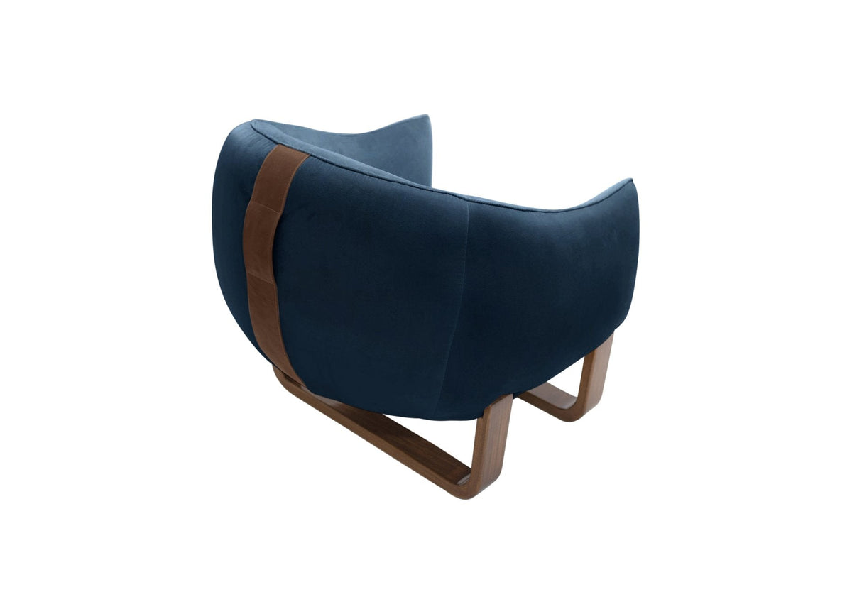 Milo Armchair back view in Ocean Crème Brûlée velvet with leather handle