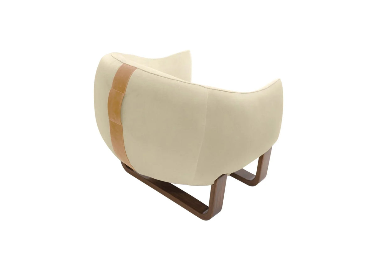 Milo Armchair back view in ivory cream velvet with tan leather strap