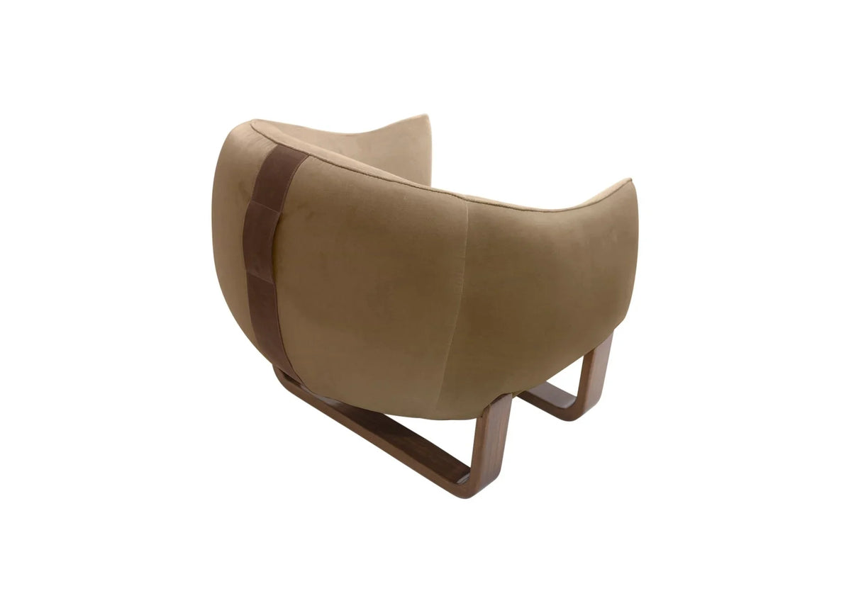 Milo Armchair back view in Taupe Crème Brûlée velvet with leather handle