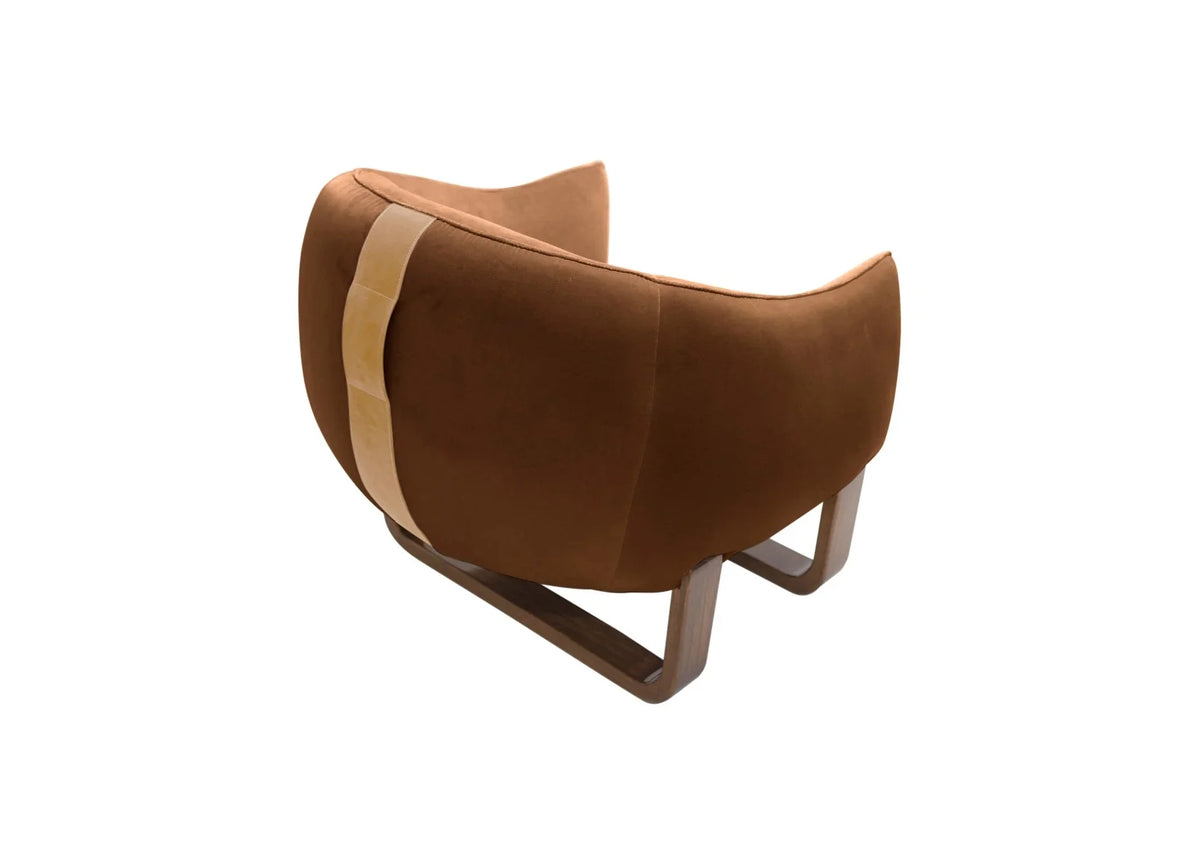 Milo Armchair back view in Terra Cotta Umber velvet with leather handle