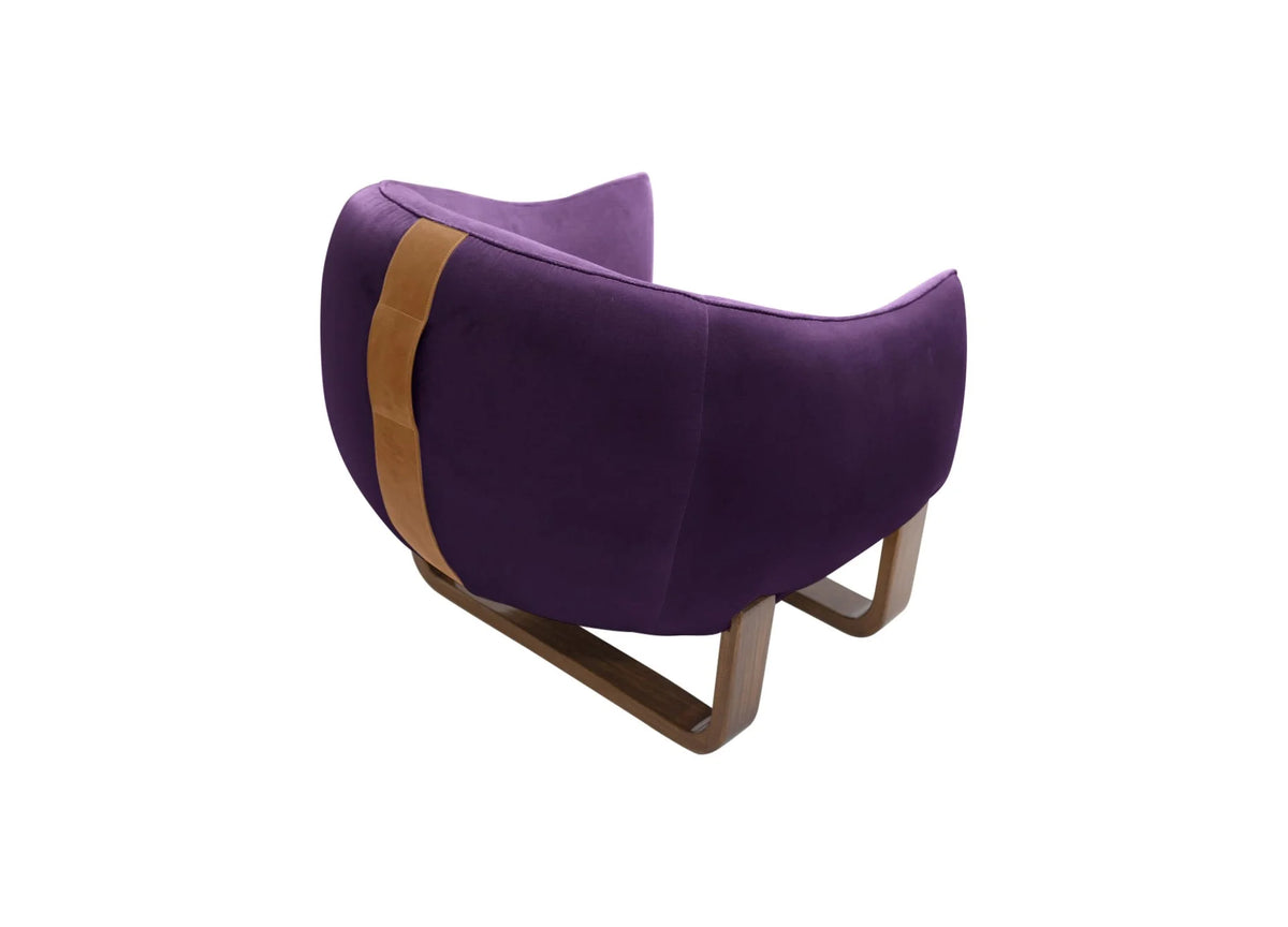 Milo Armchair back view in Violet Chesterfield velvet with leather handle