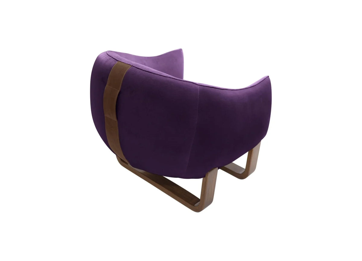 Milo Armchair back view in Violet Crème Brûlée velvet with leather handle
