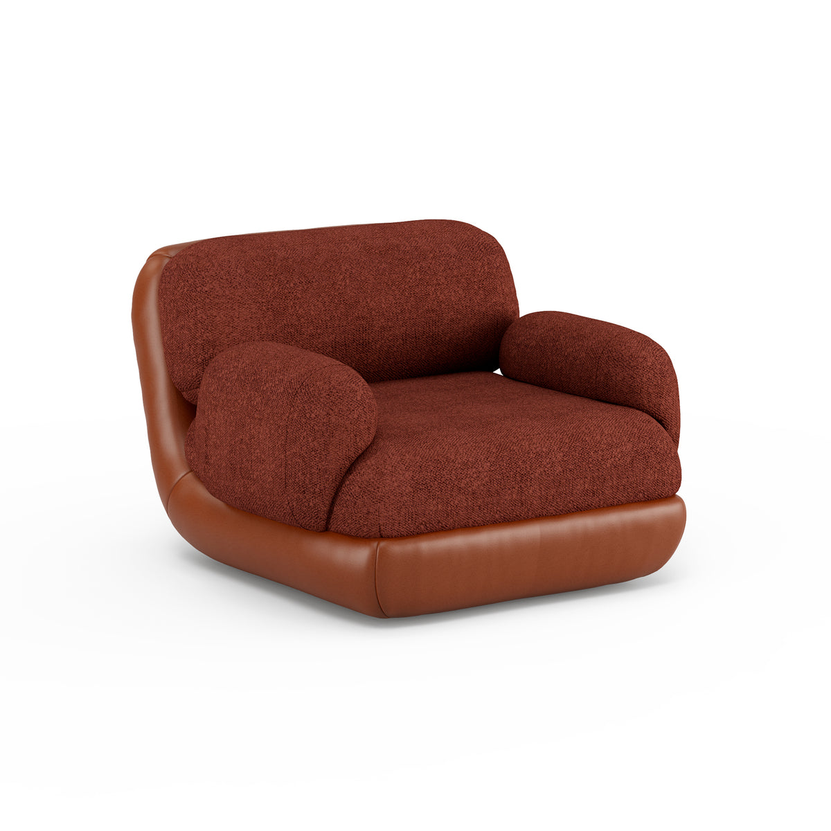 Mood Armchair with Arms in rust bouclé with tan leather base