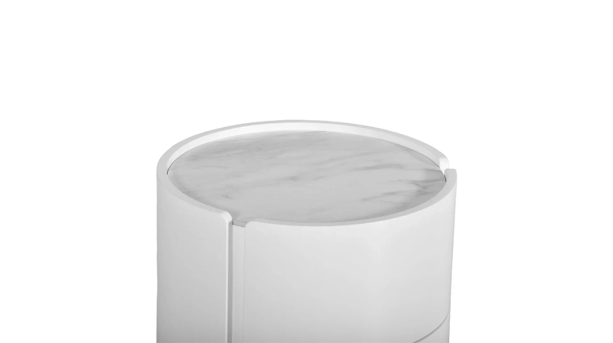 Burrow Night Table top view showing white marble-look Sinterstone surface