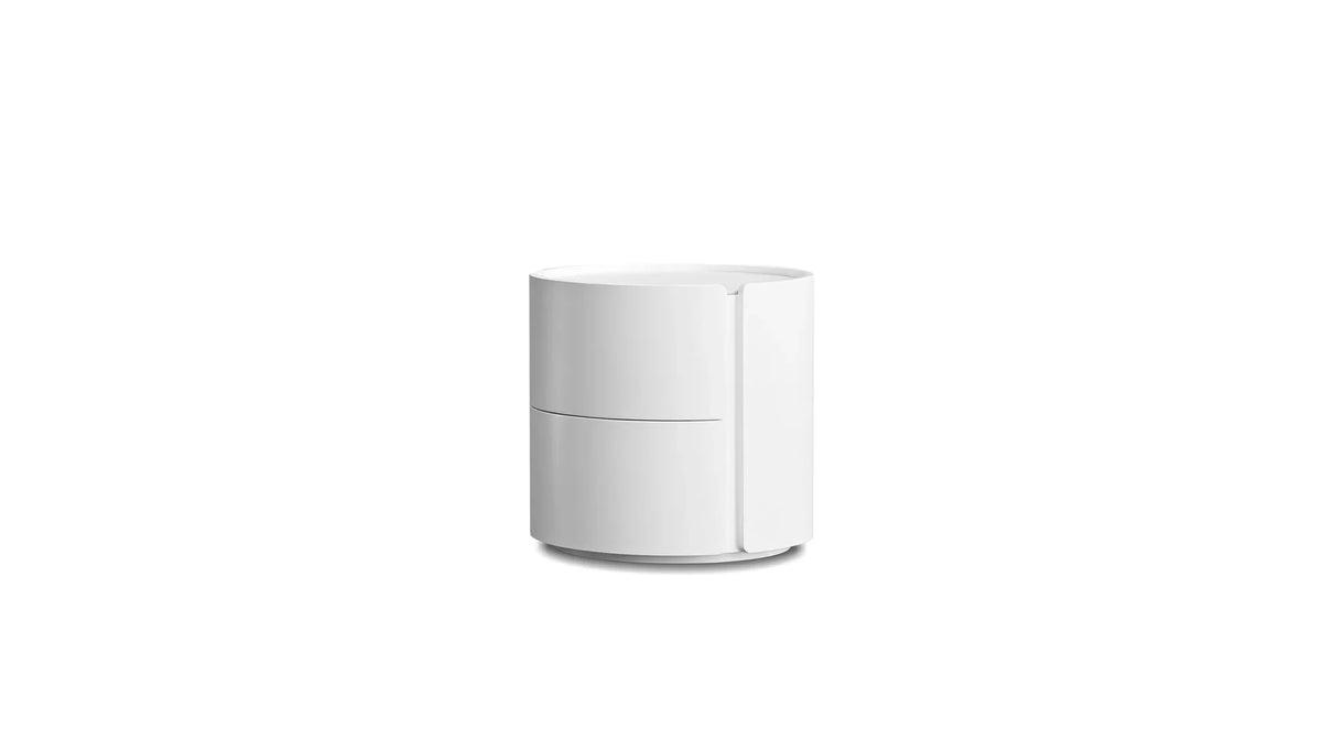 Burrow round white night table, front view with drawers closed