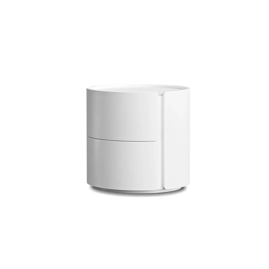 Burrow Night Table, round two-drawer nightstand in matte white with marble-look Sinterstone top