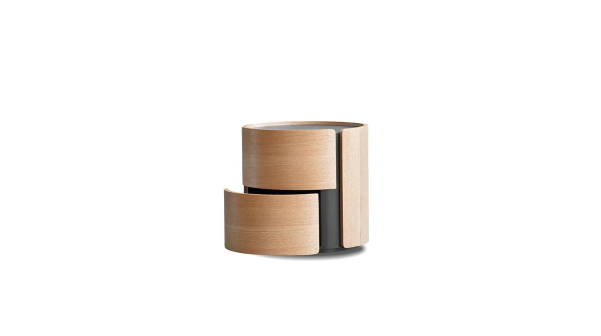 Burrow Night Table in Oak & Black Stone Top with drawer swung open