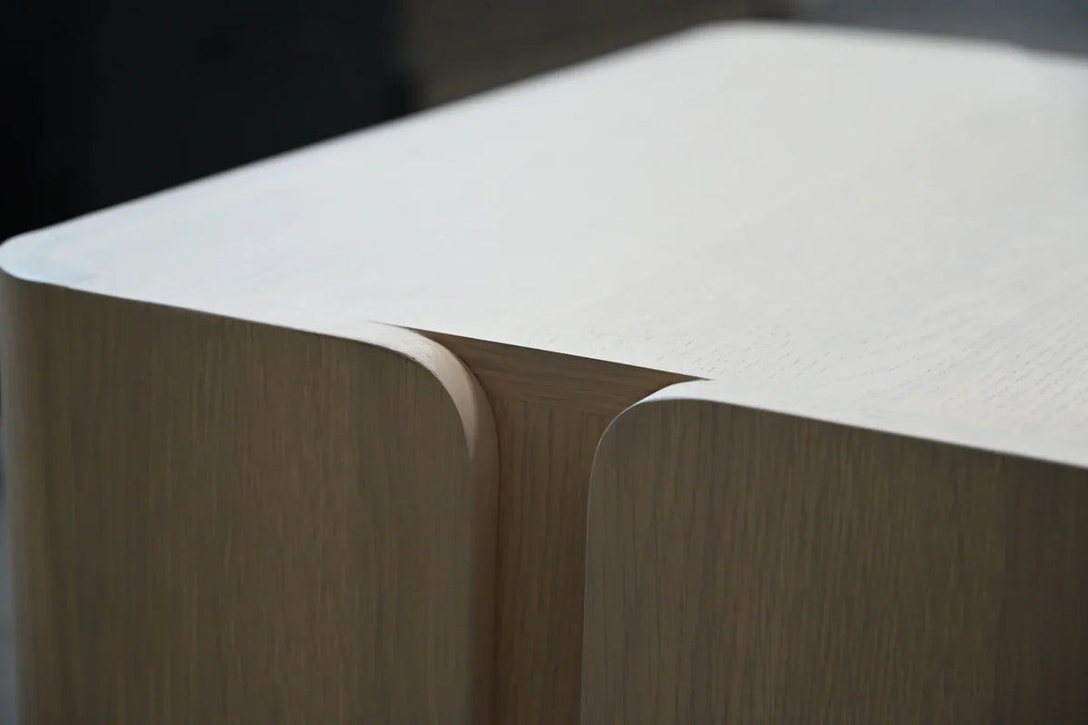Detail of Nori Night Table oak top and grooved corner