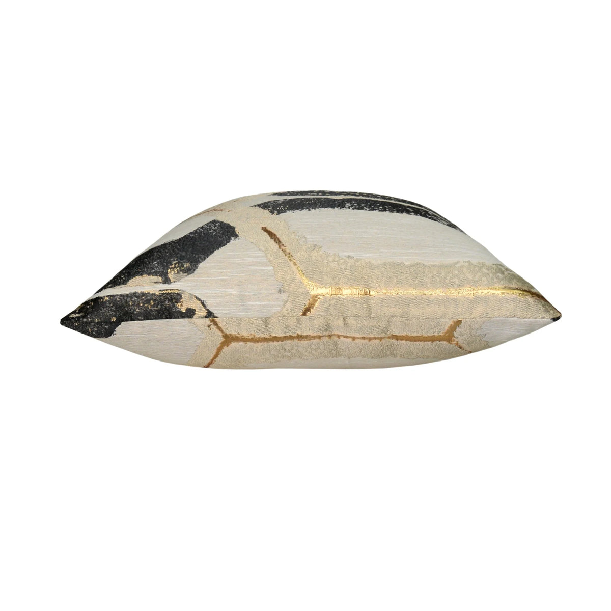 Noir Abstract Pattern Pillow, black and cream abstract print with gold line, side profile