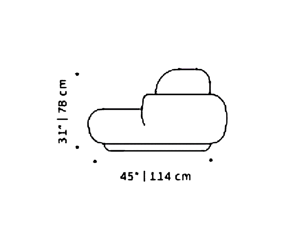Naked Curved Sofa Single dimension drawing: 45" (114 cm) wide, 31" (78 cm) high