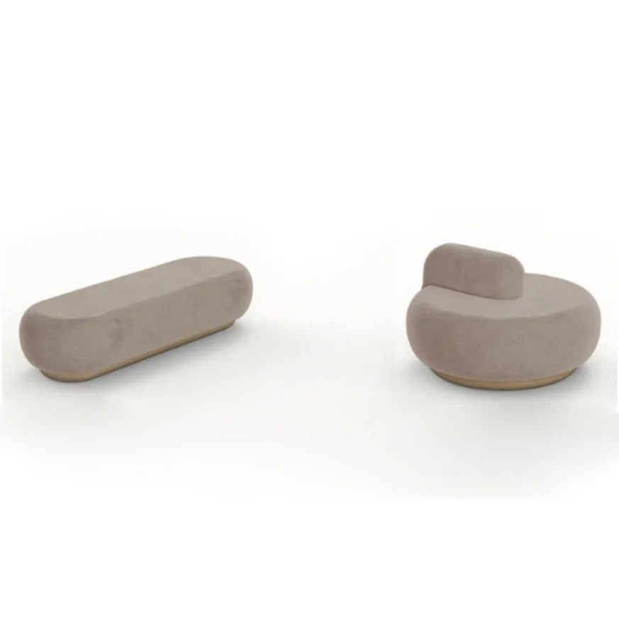 Naked Pouf in taupe upholstery shown with a matching curved seat on white