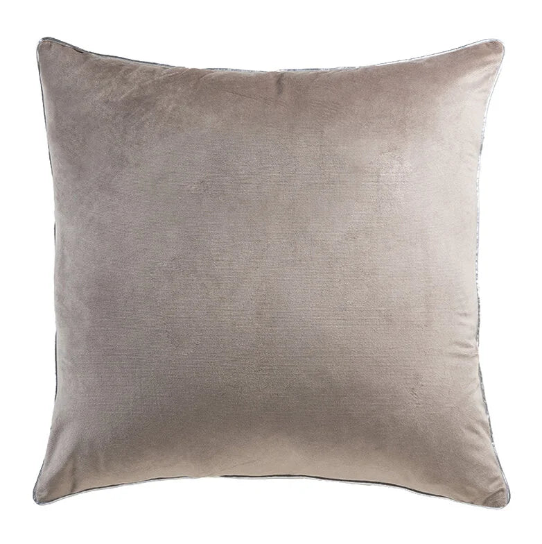 Noah Pillow in Beige Silver, front view of square velvet cushion with silver piping