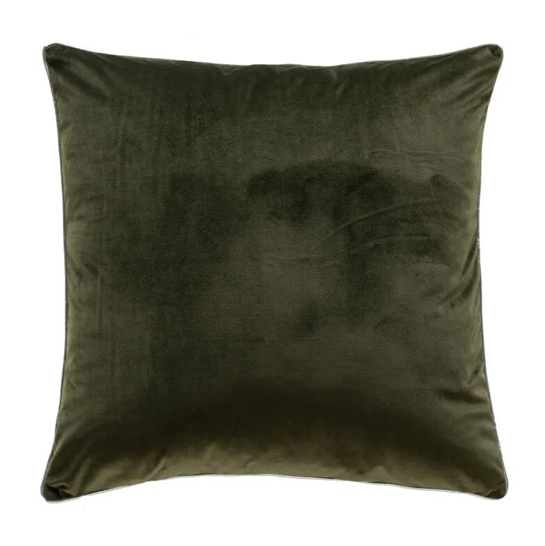 Noah Pillow in Green Silver velvet, plump square shape with thin silver piped edge