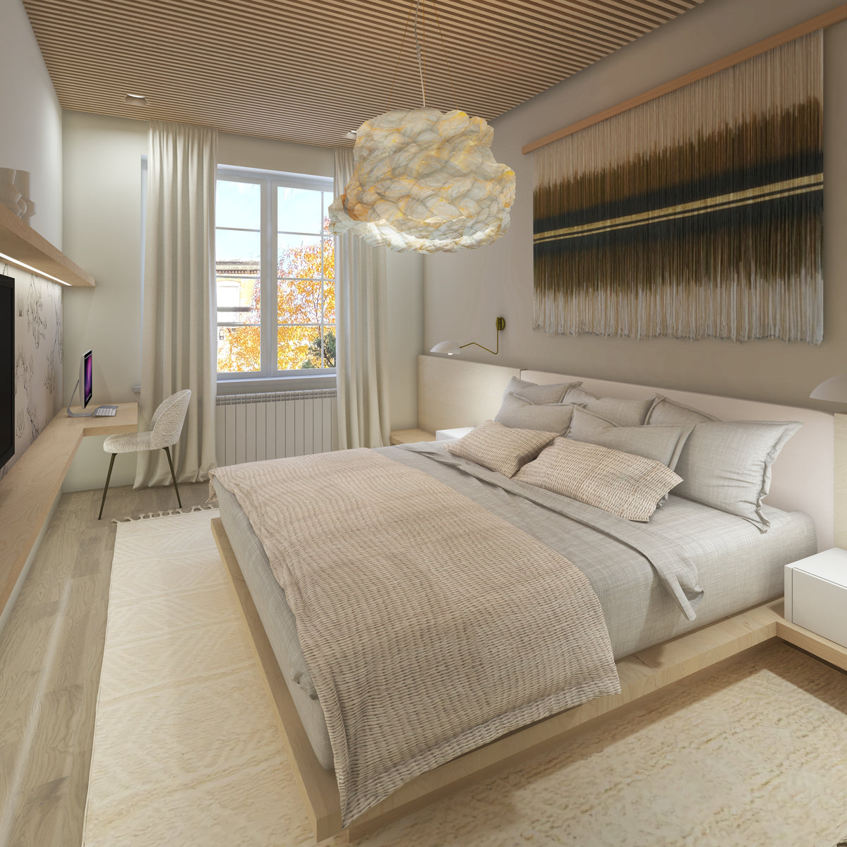 Mammalampa Bride Pendant Light White hanging over a neutral bedroom with linen bedding