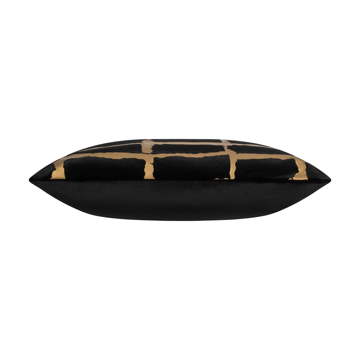 Oslo Black and Gold Pillow in Black with gold grid pattern, side view