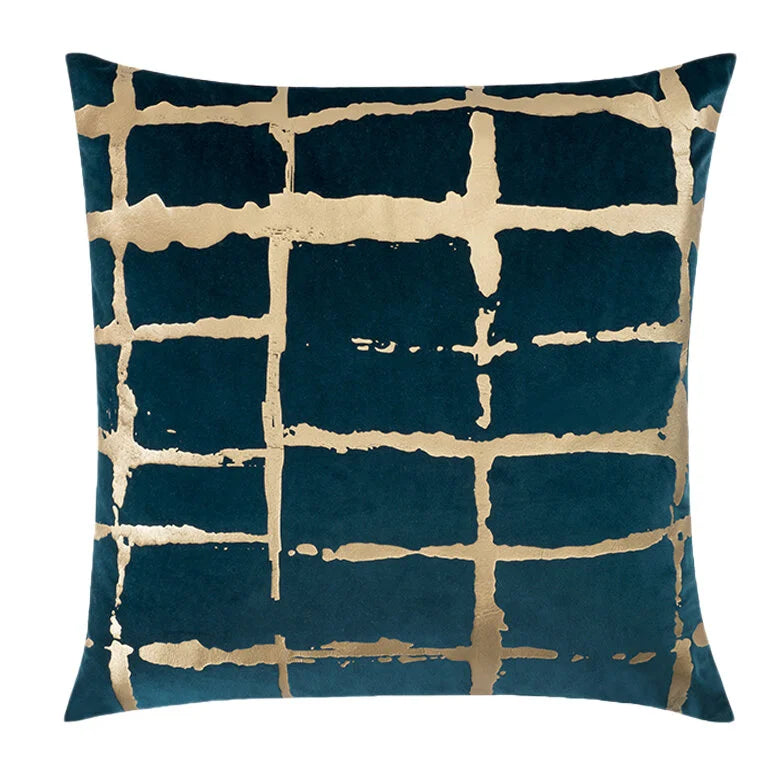 Oslo Pillow in Teal with gold grid pattern, front view