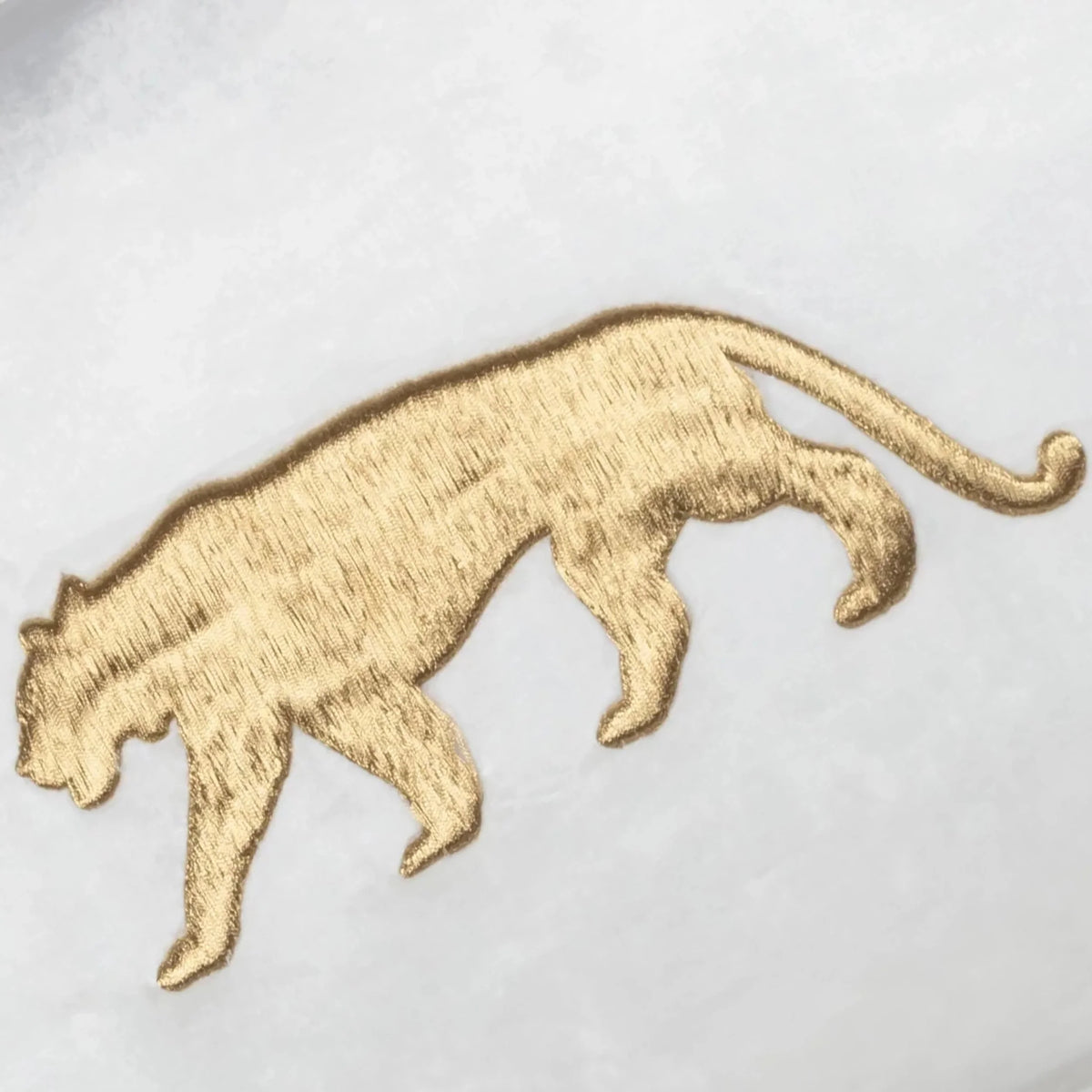 Rica Ivory Gold Embroidered Lumbar Pillow close-up of the gold embroidered leopard on ivory