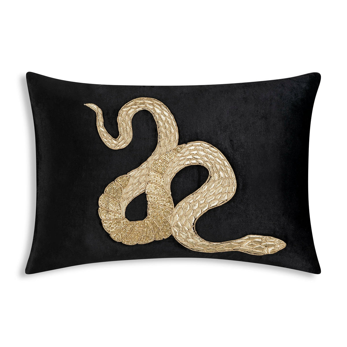 Safara Snake Ivory Gold Pillow in Black with gold embroidered snake, front view