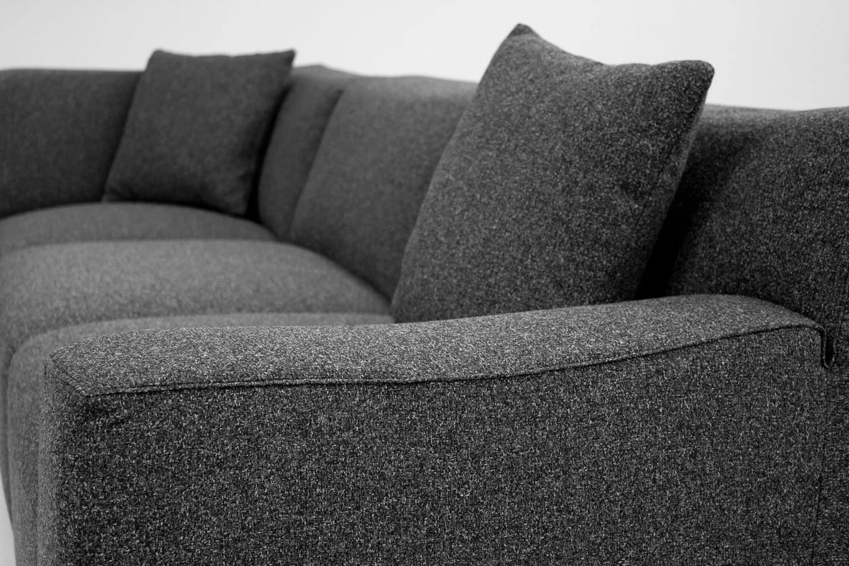Scoop Sectional Sofa close-up of arm and cushions in Peppercorn Tweed