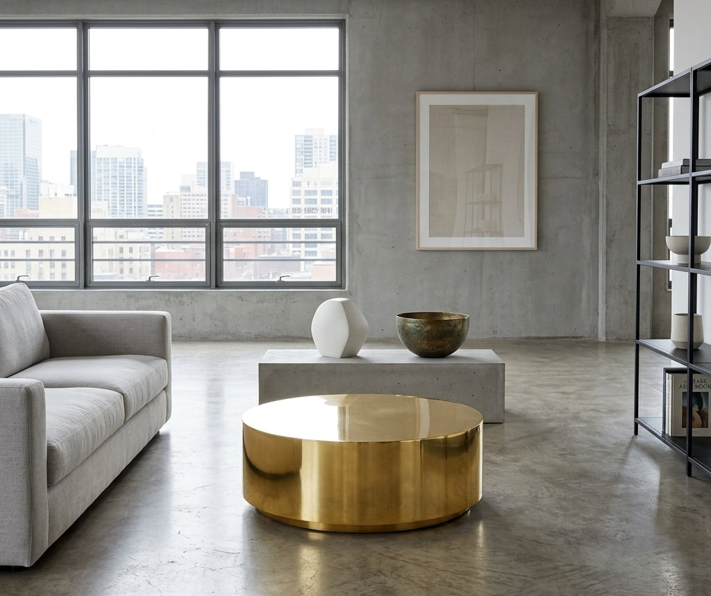 Sphere Coffee Table in Gold Polished in a concrete loft beside a grey sofa