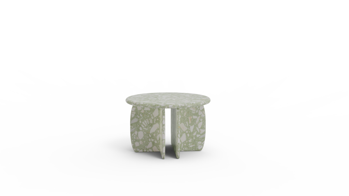 Catus Marble Side Table 16" high in light green Terrazzo, angled render on grey