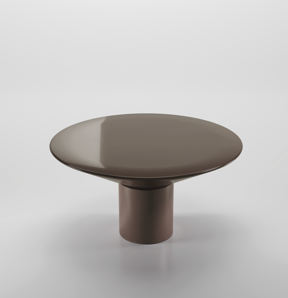 Silo Dining Table in taupe gloss lacquer, three-quarter view on grey