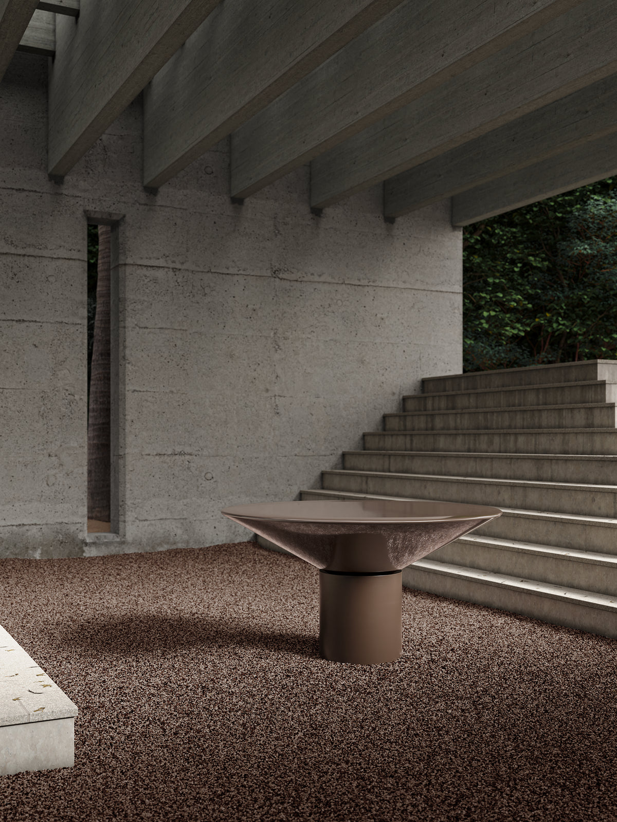 Silo Dining Table in taupe lacquer in a concrete amphitheatre setting, side view
