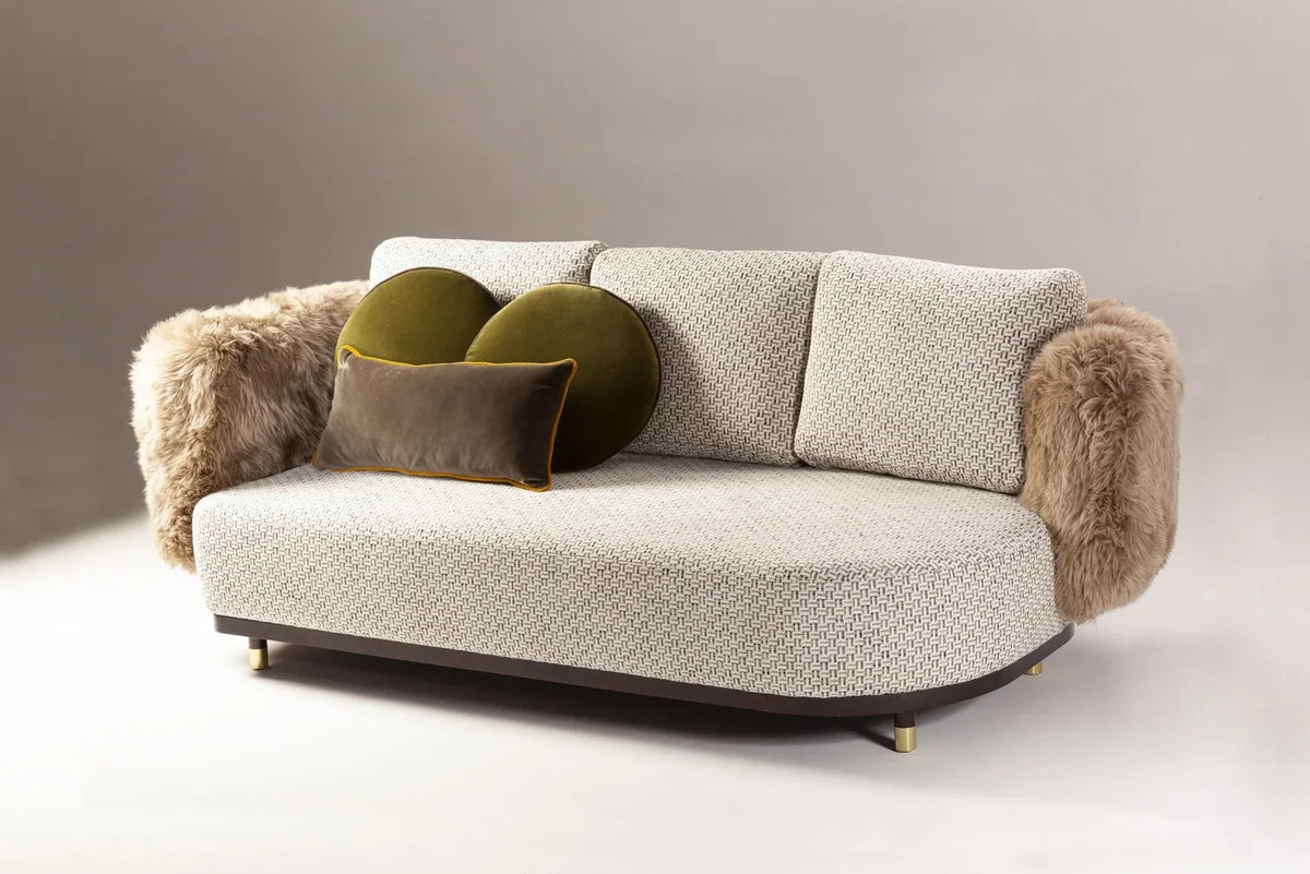 Single Man Deluxe Sofa with textured fabric seat and shearling arms, front view
