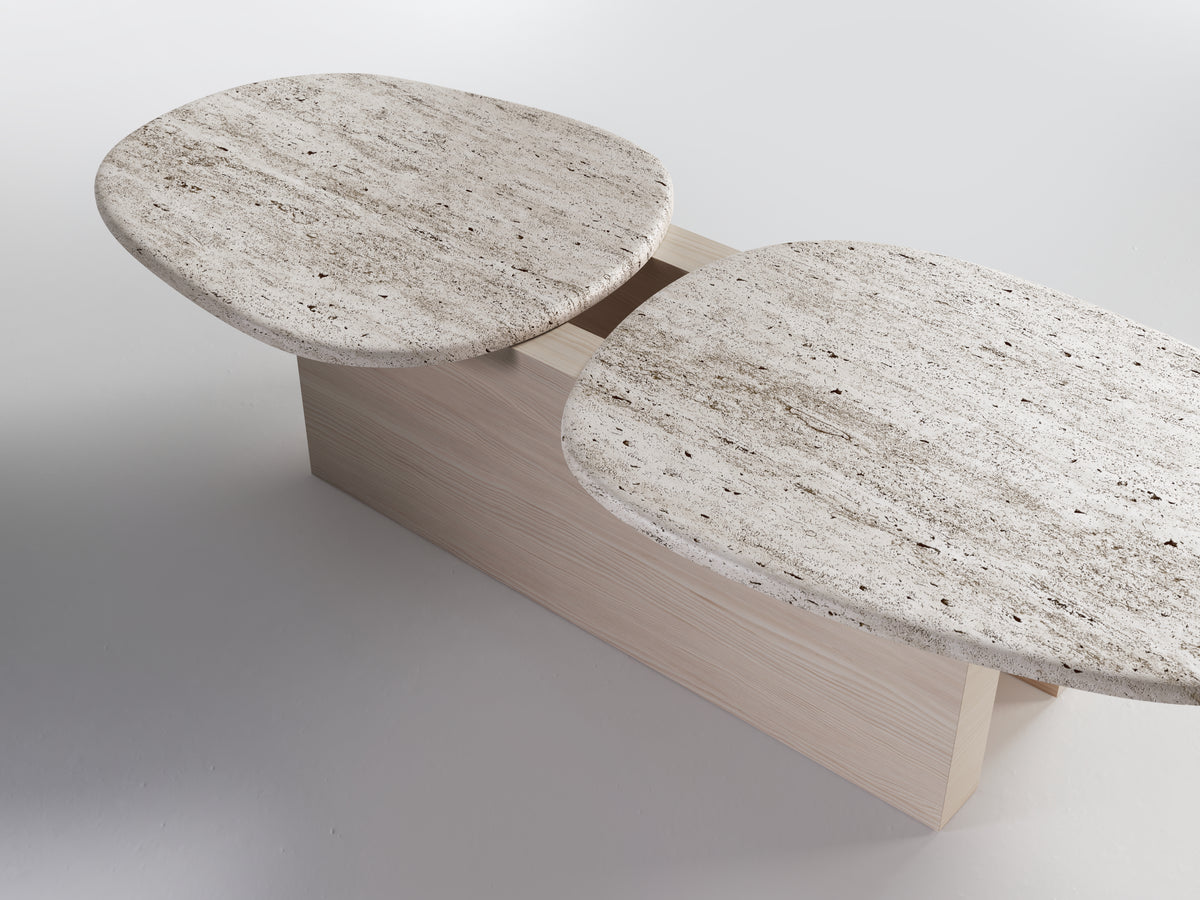 Taras Coffee Table with travertine tops on a light oak base, close view