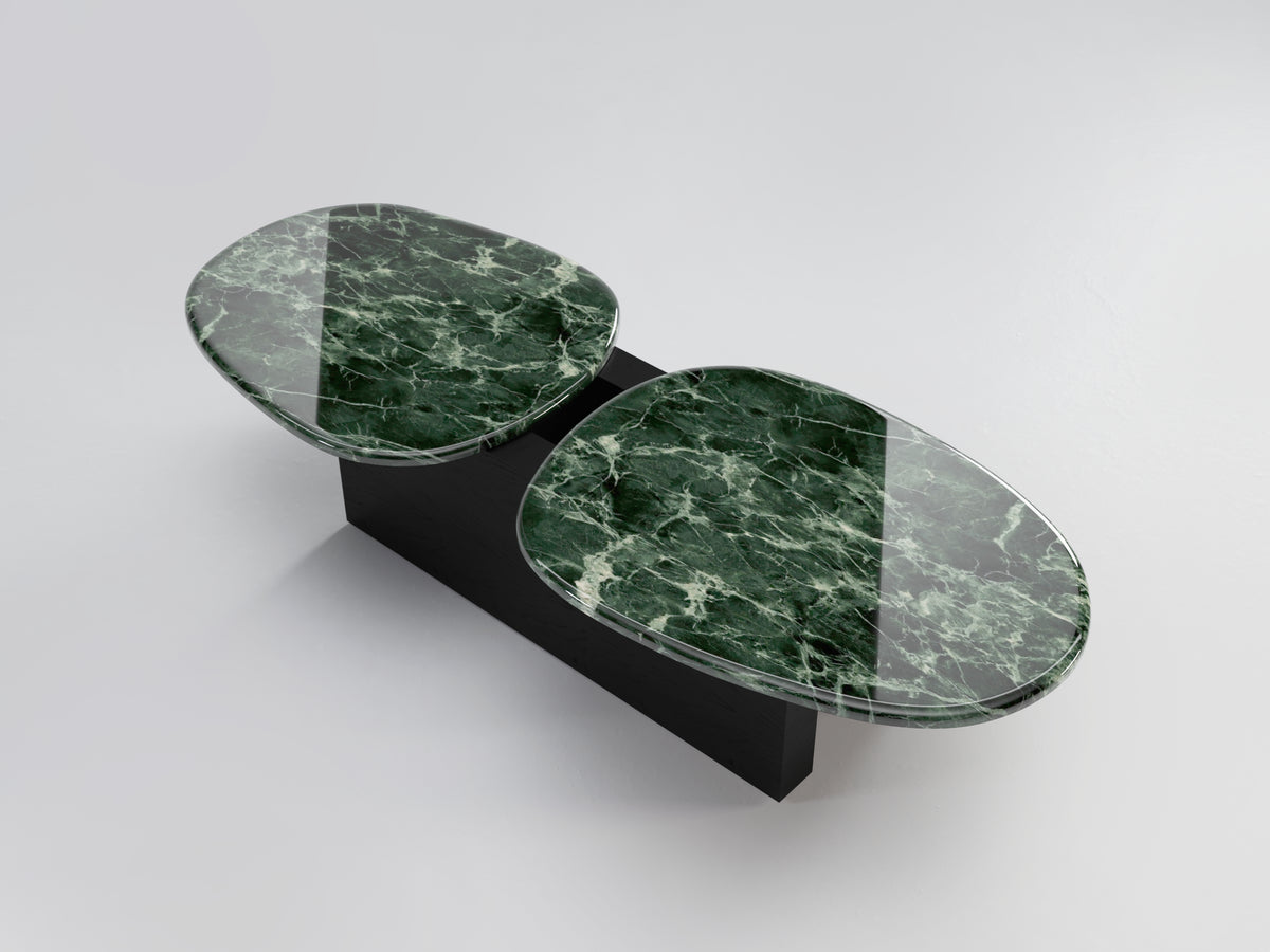 Taras Coffee Table with green marble tops on a black-stained base