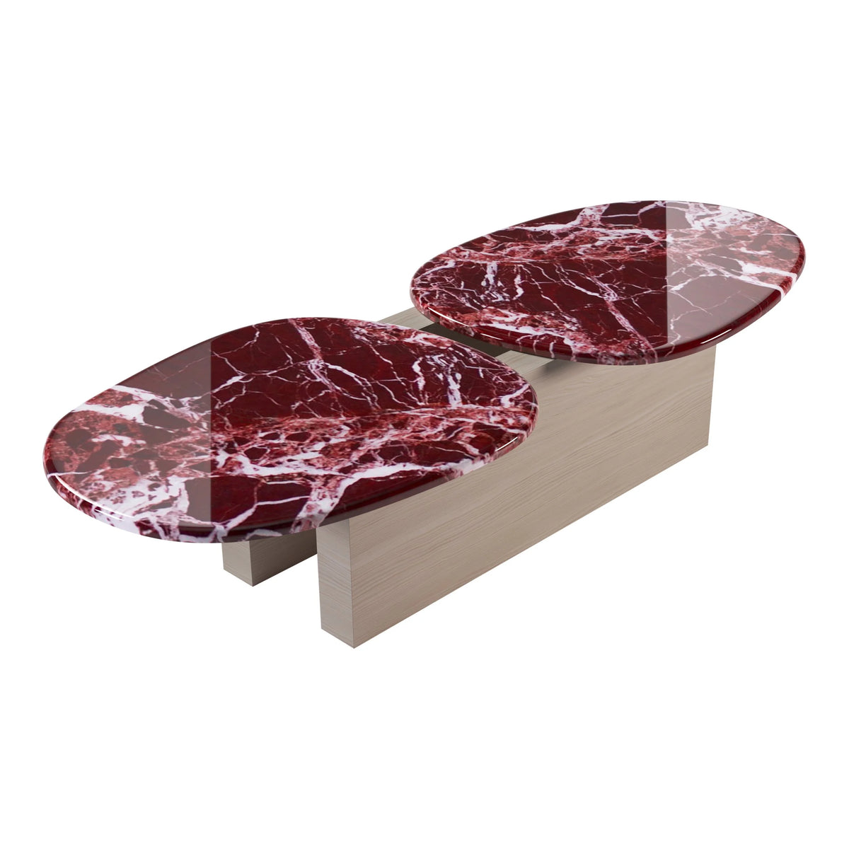 Taras Coffee Table with red marble tops on light oak, elevated three-quarter view