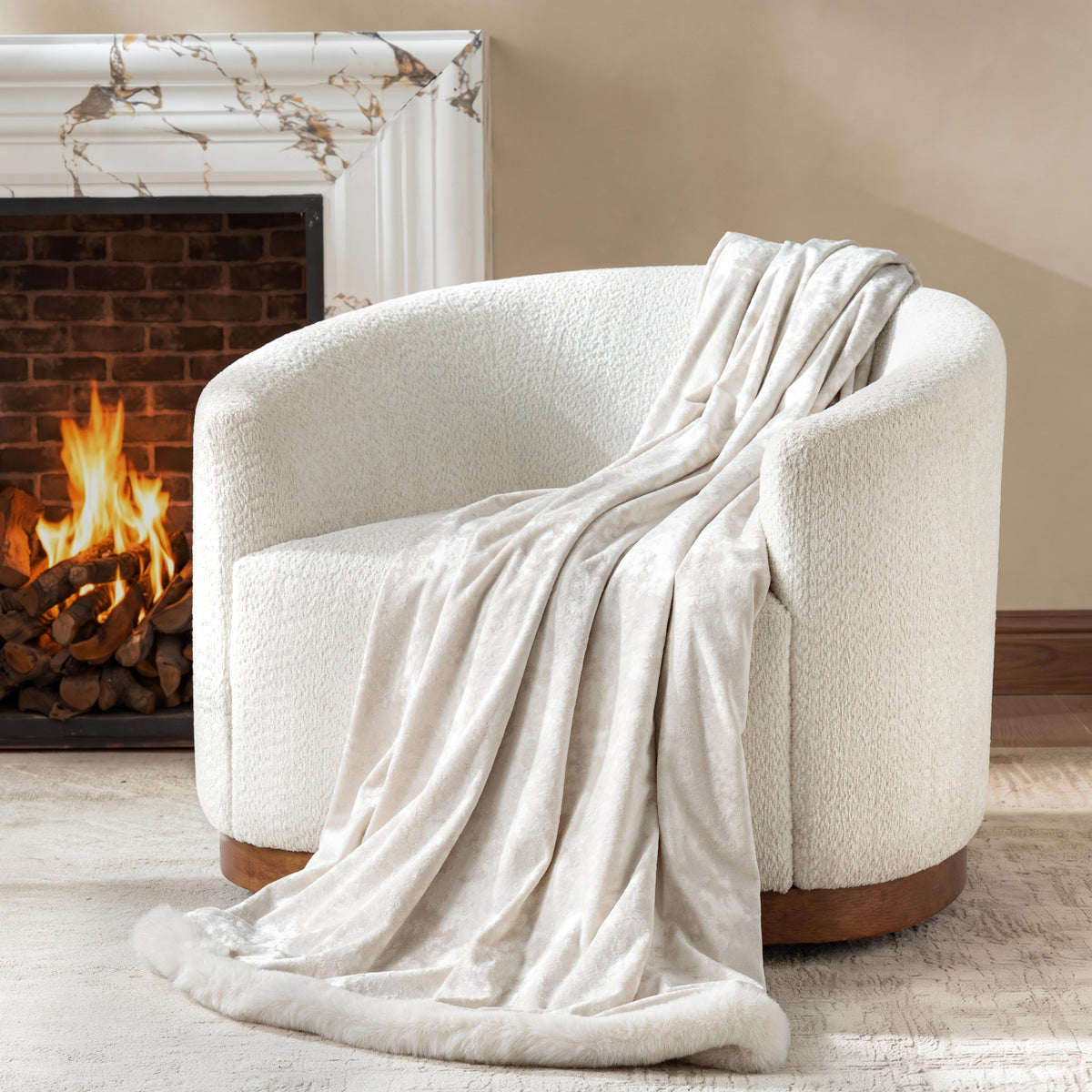 Savannah Ivory Throw – creamy ivory velvet throw with plush faux-fur trim, 50 x 60 inches