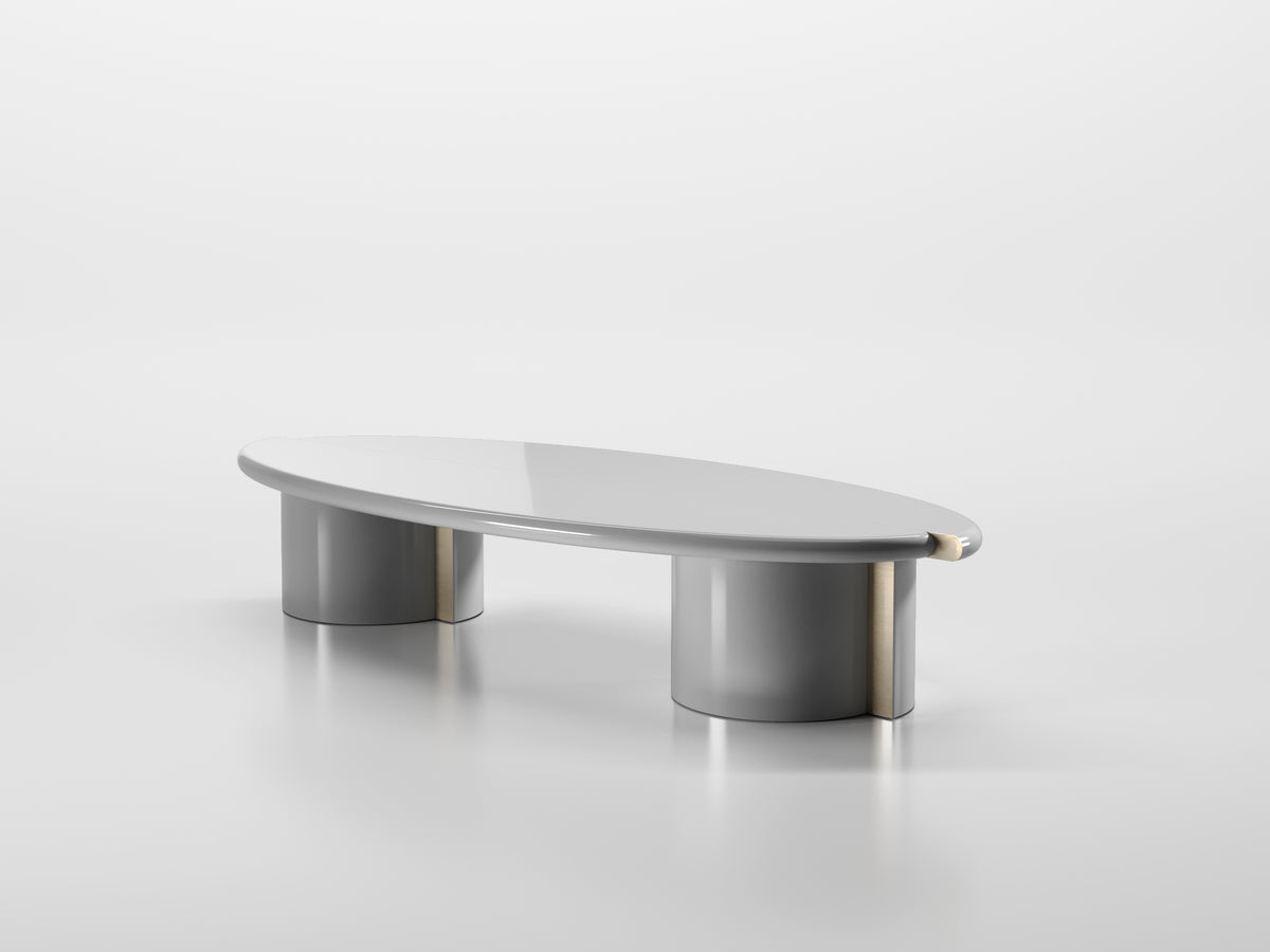 Tayma Coffee Table in grey lacquer on white, low side view