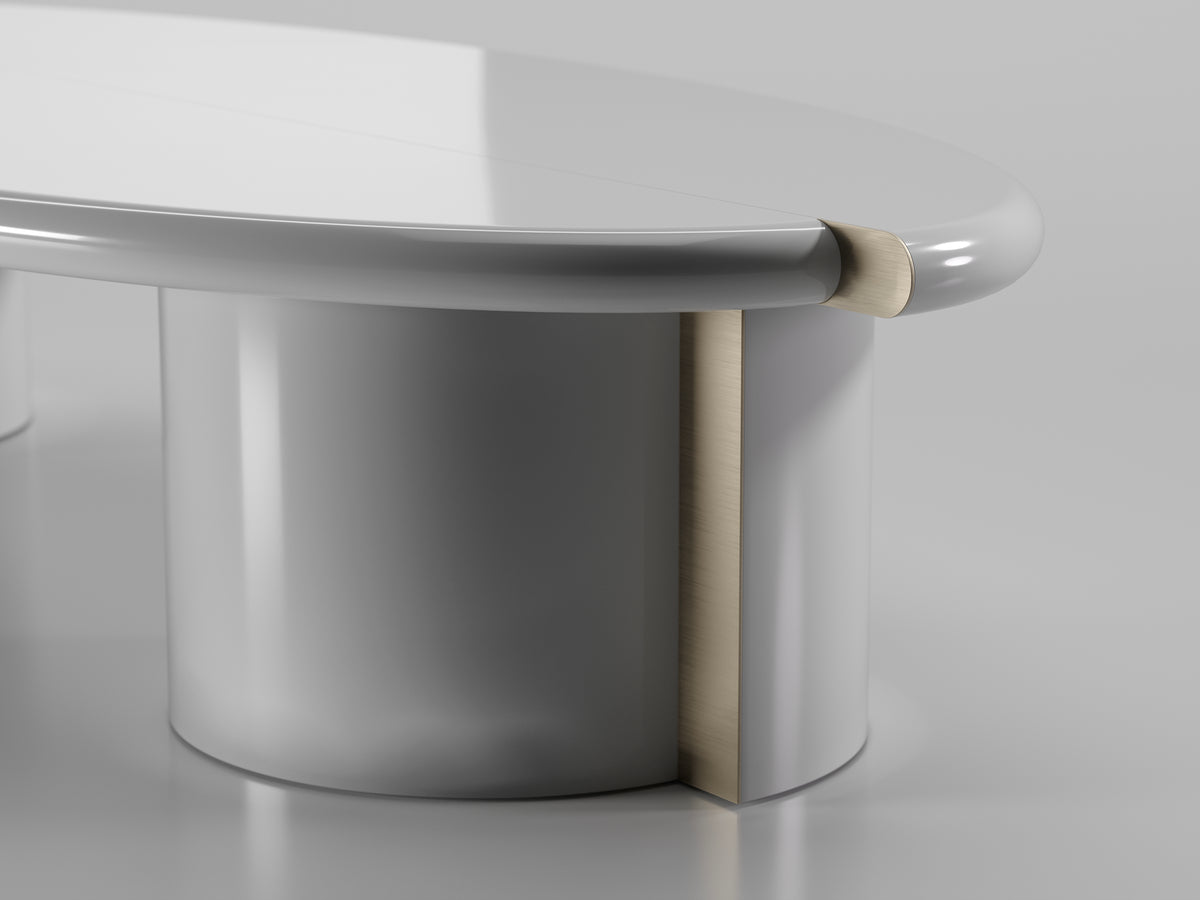 Tayma Coffee Table close-up of the grey lacquer base and metal trim