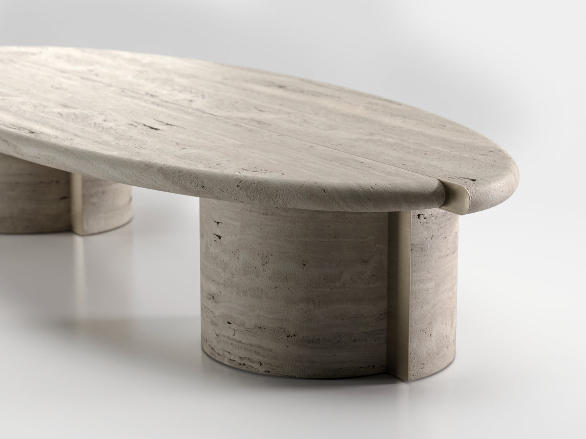 Tayma X Coffee Table close-up of the travertine base and split top